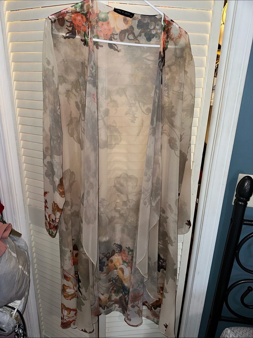 Sheer Floral Kimono Maxi - Beige Floral